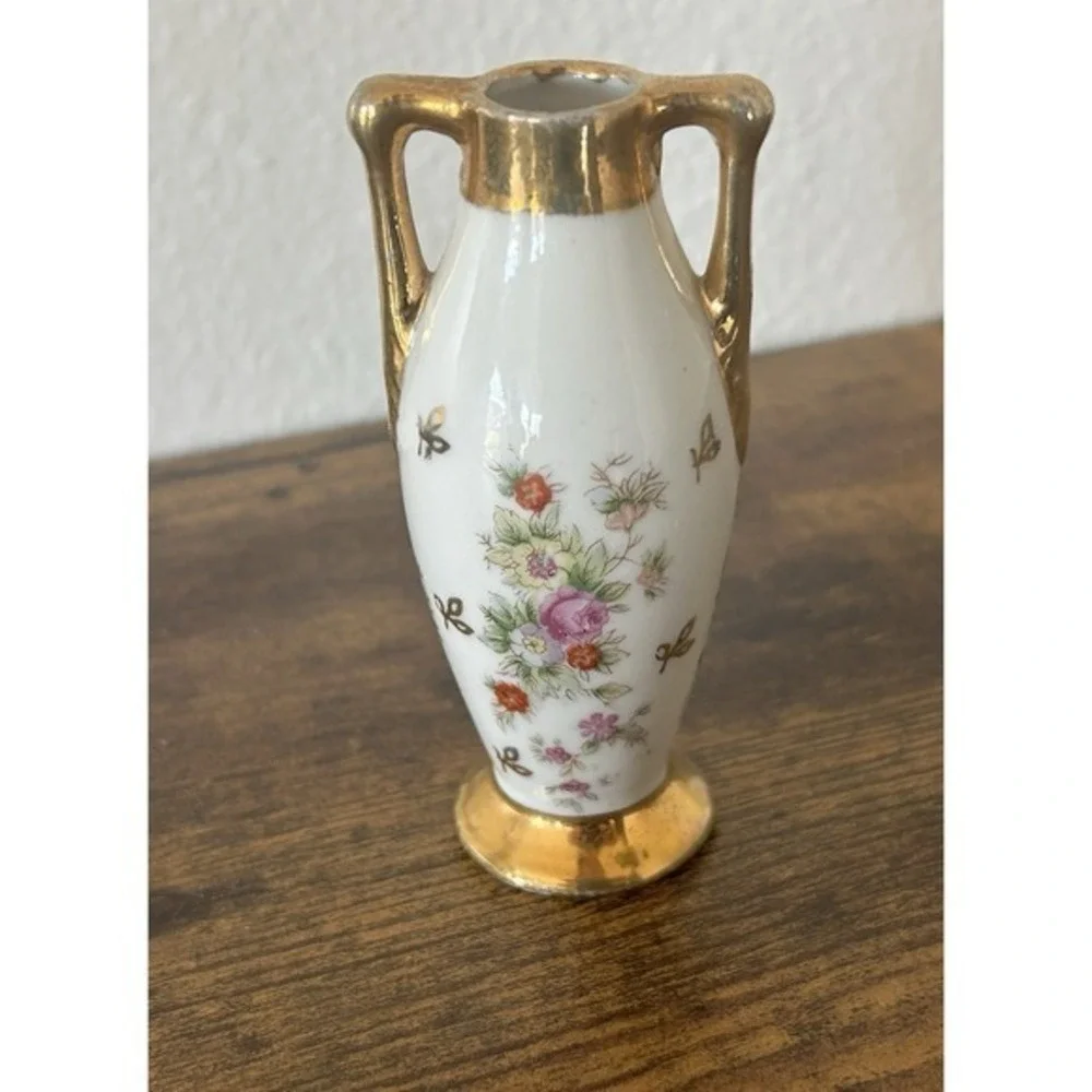2-PC Vintage‎ Mini Vase Floral Gold Handle Numbered & Porcelain Pedestal Bowl